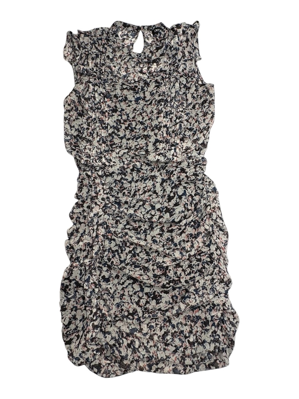 XS Sleeveless Floral like Design, Cocktail Midi Dress Ruffles Ruching Express